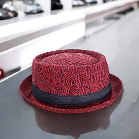 Dark Red Plaid Pork Pie Crown Trilby Curled Brim Fedora Hat - NEW - Picture 1 of 4